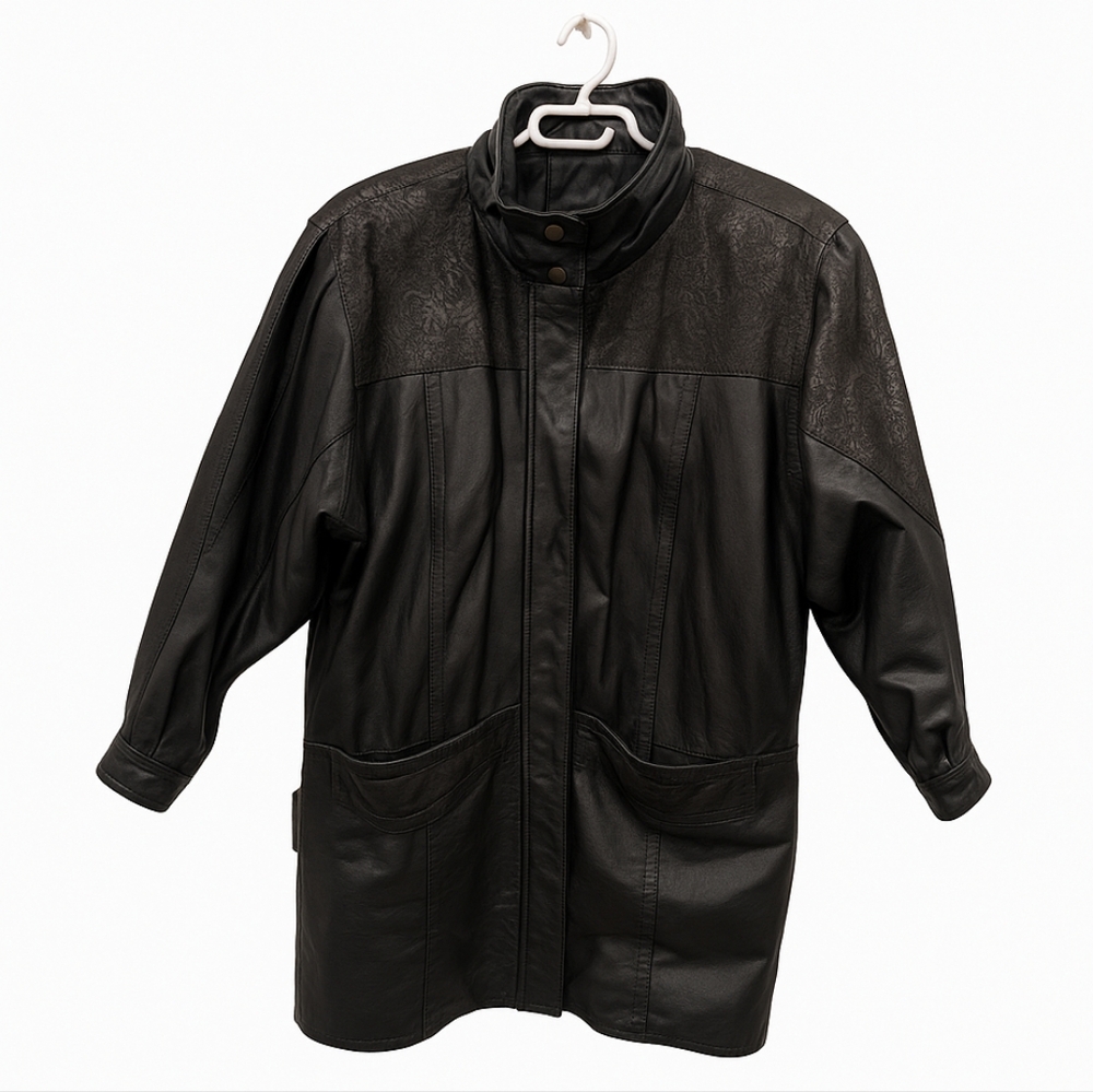 Vintage Cuir Viwa Leather Black Longline Coat Made in Canada